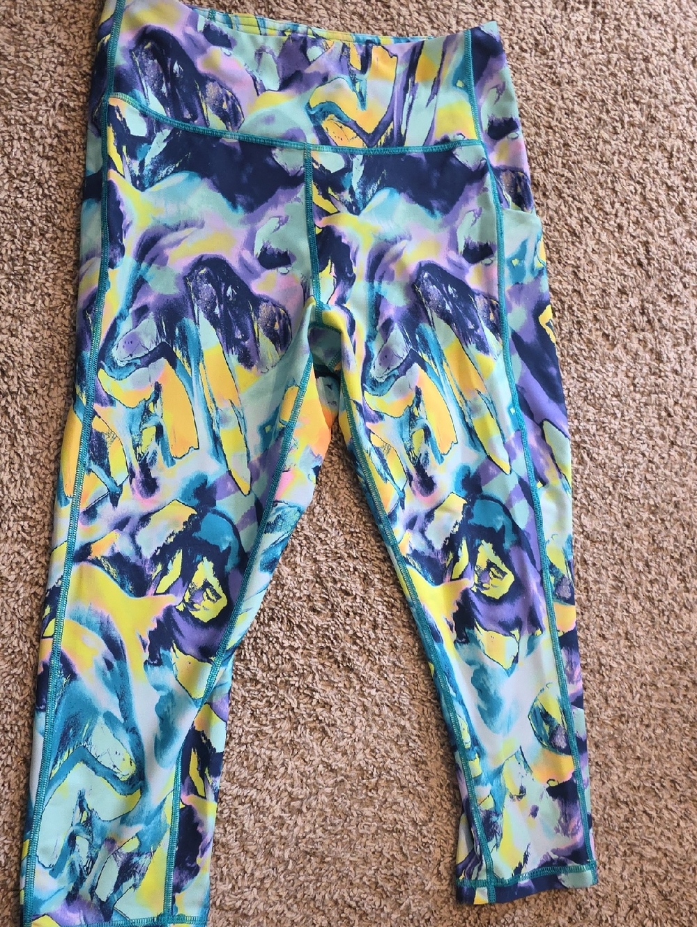 Capri Active Leggings in Teal, Yellow & Purple